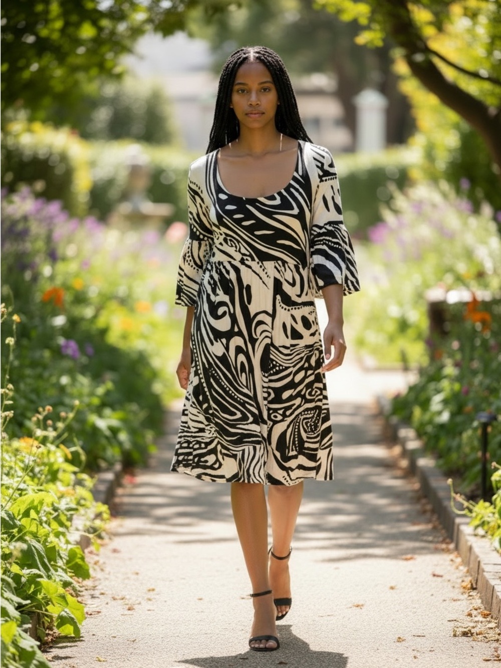 Caché Monochromatic Abstract Swirl Empire Dress Size L Black white Vintage